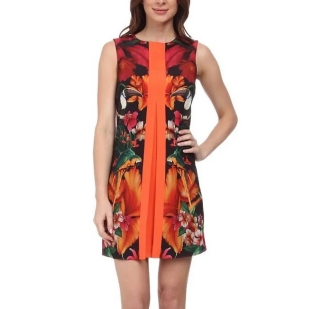 Ted Baker Women's Orange BARBEE Toucan Tropical Floral Shift Dress Size 3 US M - Picture 1 of 9